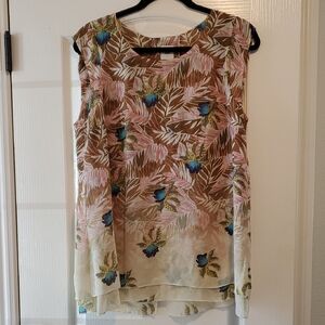 CAbi Pink and Brown Leaf Print Top